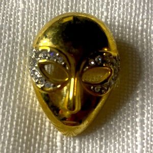 Vintage Signed Butler Gold Mask Brooch...Jeweled Golden Mask Brooch ...